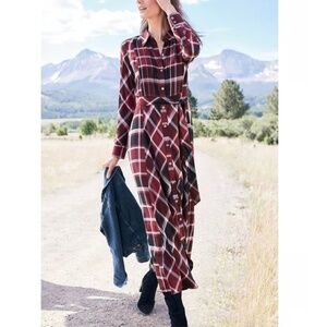 NWT Soft Surroundings Plus  24W Gayle Tartan Cabernet Plaid Belted Maxi Shirtdre